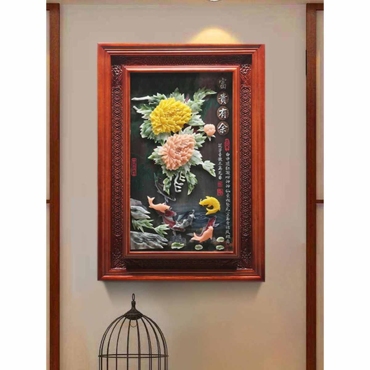 玄关装饰画3d立体浮雕画中式餐厅挂画入户走廊实木壁画客厅玉雕画图片