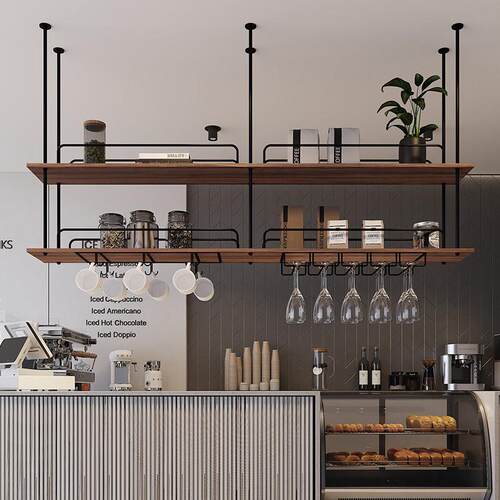 金属实木置物架吧台酒吧吊柜悬挂吊架酒架酒杯酒柜饭厅悬吊式天花