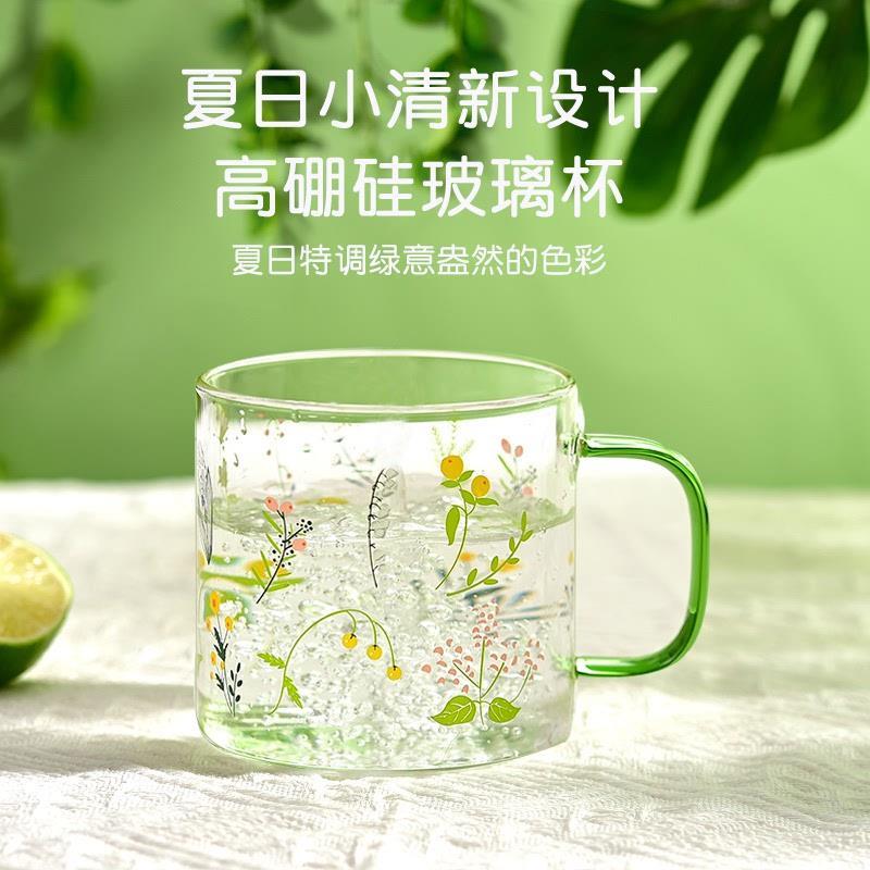 韩国玻璃水杯女款小碎花清新高硼硅杯耐高温女生高颜值家用带把手图片
