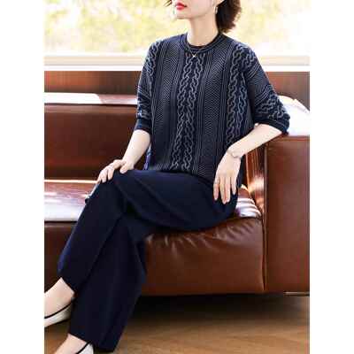 妈妈秋装针织冰丝小衫套装2025新款中老年女春秋休闲运动服两件套