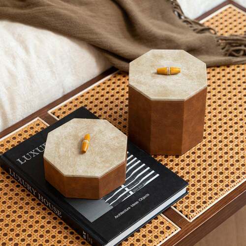 艺贝子意式轻奢焦糖色植绒皮革收纳首饰盒装饰摆件高端样板间摆件