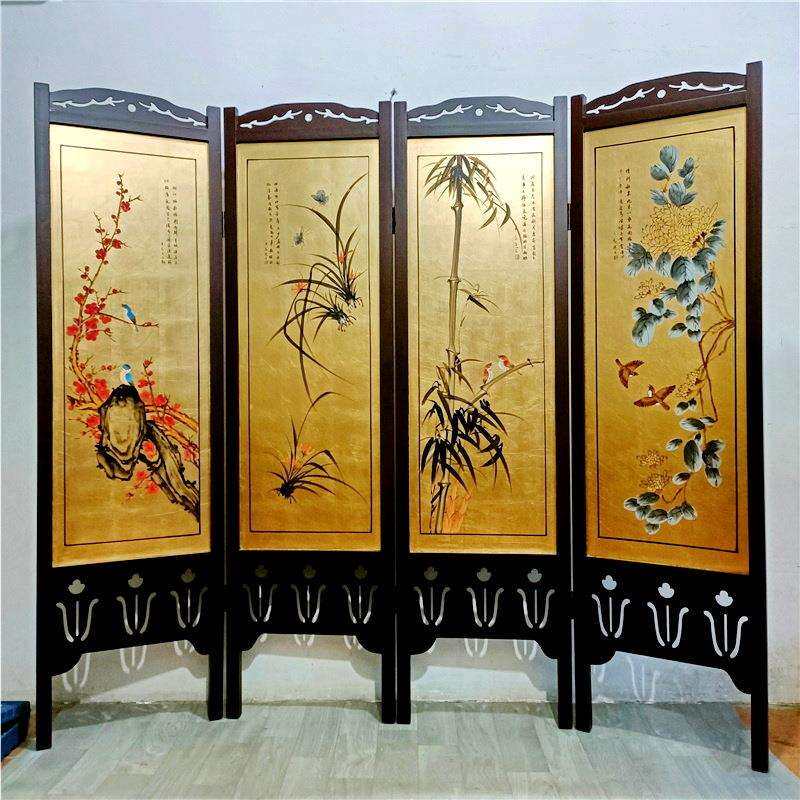 四季花屏风金箔底双面手绘梅兰竹菊酒店餐厅活动隔断实木边框屏风