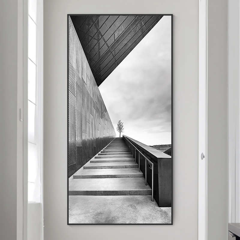现代简约建筑空间延伸装饰画 过道走廊竖版玄关黑白灰挂画墙画图片