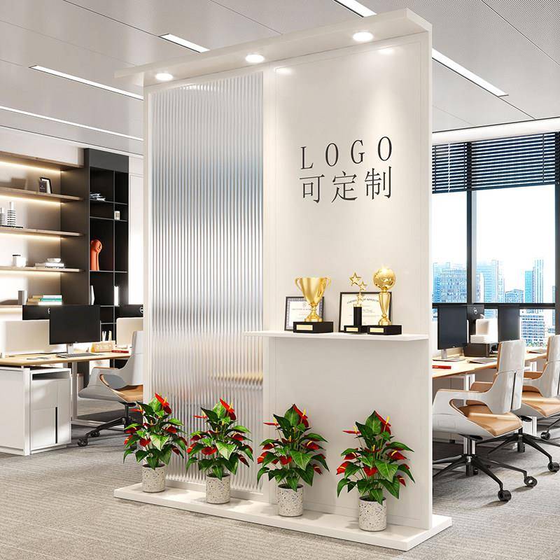 屏风隔断玄关办公室玻璃前台移动入户logo公司进门背景落地形象墙