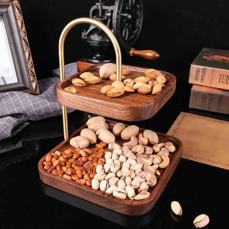 轻奢玄关置物架黑胡桃托盘干果蛋糕盘客厅水果点心盘木质收纳架