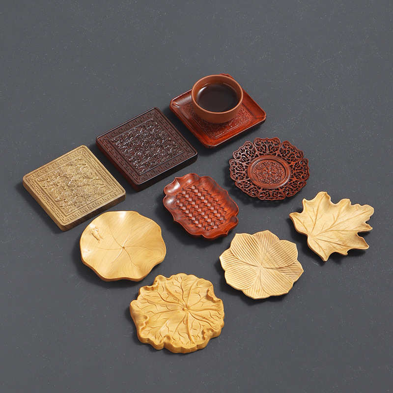 新中式禅意木质杯垫隔热垫功夫茶道茶具配件崖柏紫檀木雕刻茶杯托