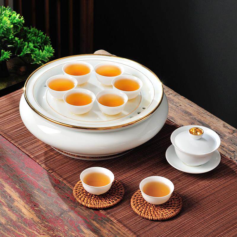 羊脂玉茶盘功夫茶具套组家用白瓷盖碗整套茶台10寸陶瓷茶盘礼盒装