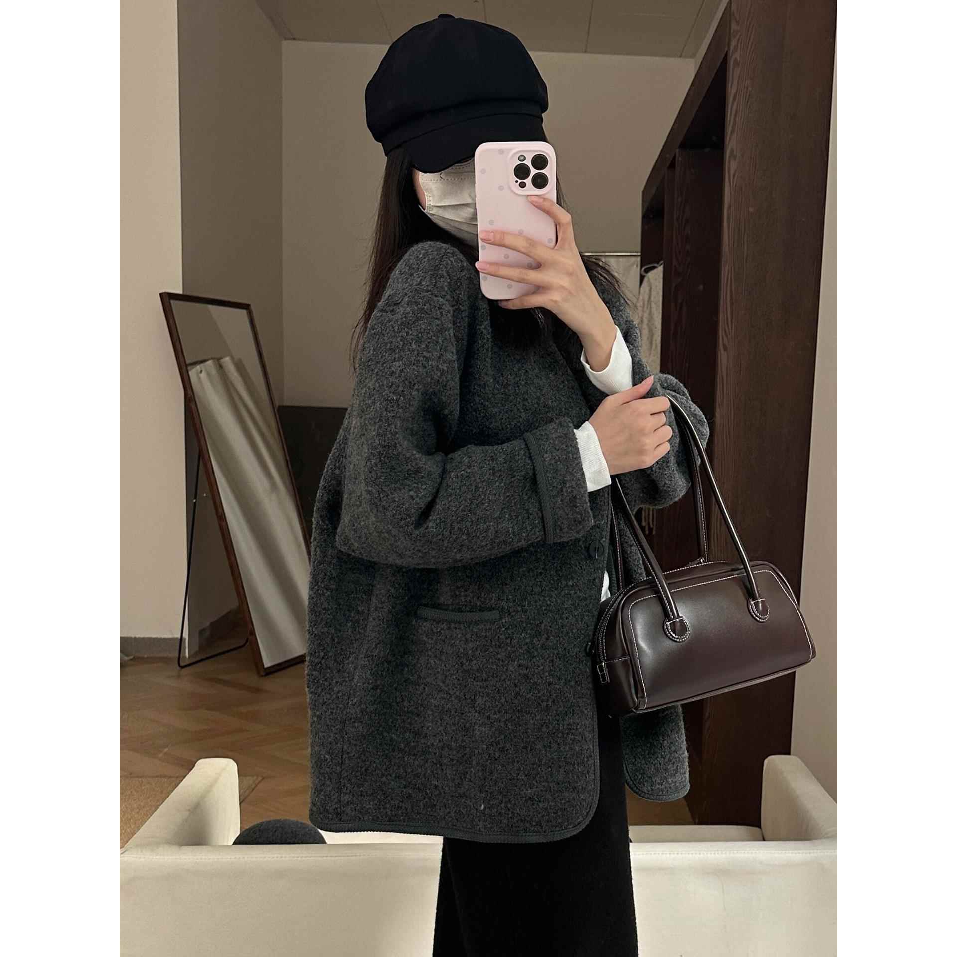 灰色毛呢外套女2025秋冬新款呢子大衣短款小个子百搭宽松气质穿搭