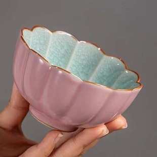 家用冰釉茶具茶盏汝窑化主人茶杯个人品茗冰花杯杯单功夫粉双陶瓷