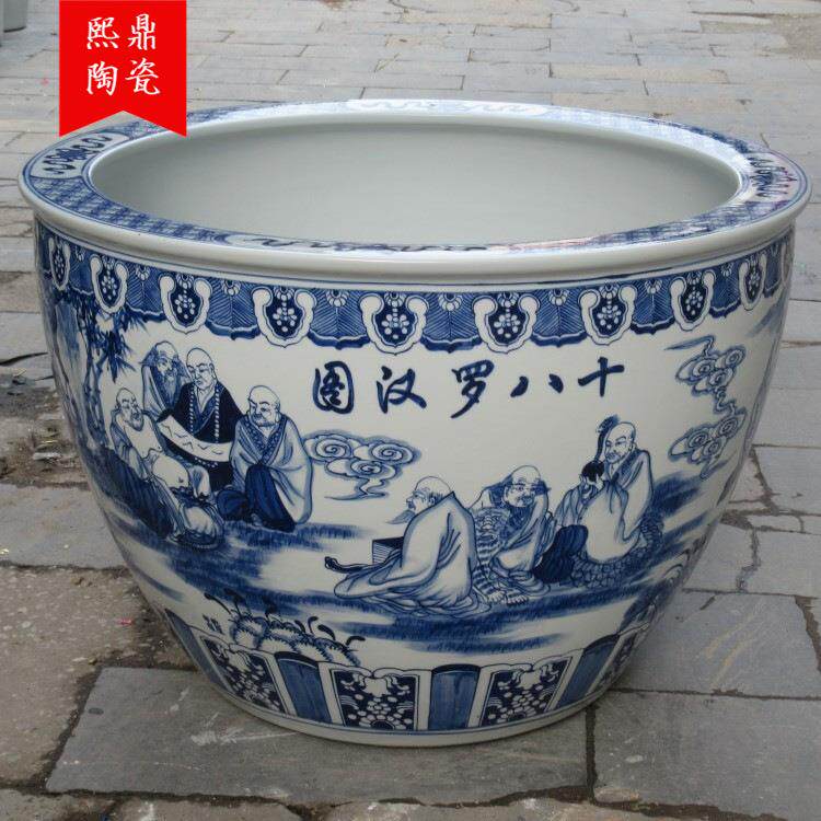 景德镇陶瓷水缸超大号 手绘鱼缸十八罗汉青花人物缸园林装饰花卉