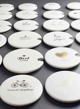 杯盖通用金色图案高档白色陶瓷杯盖卡通防尘大号通用圆形可爱