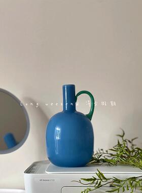 法式中古玻璃花瓶简约高级餐桌边柜摆件干花仿真花花器