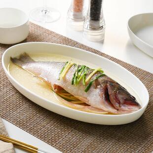 隆玫格骨瓷12英寸盘子家用鱼碟陶瓷深汤鱼盘长方形蒸鱼深碟子白色