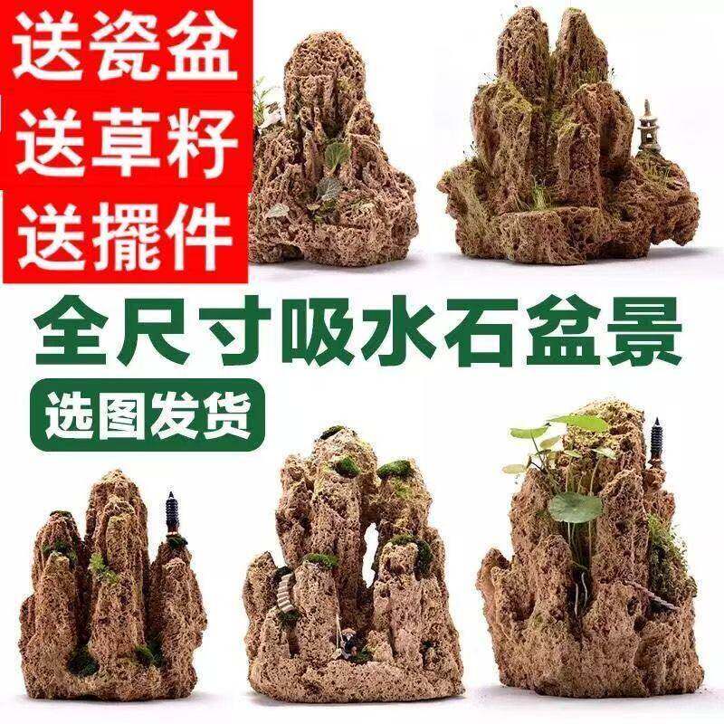 小型石头石微景观吸水原石天然盆景装饰摆件上水奇石假山观赏石造