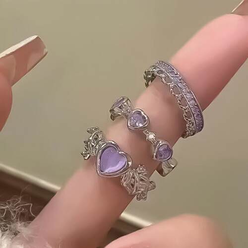 Ring set with 3 pieces紫色爱心荆棘彷猫眼石戒指戒指3件套Rings