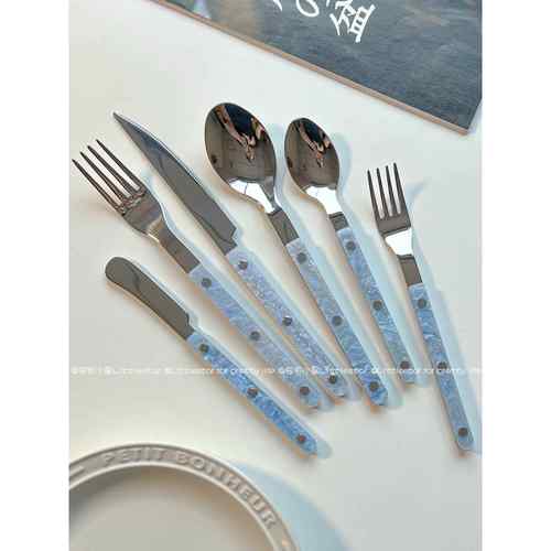 韩ins风蓝色贝壳刀叉勺套装家用西餐牛排刀餐具甜品勺蛋糕水果叉