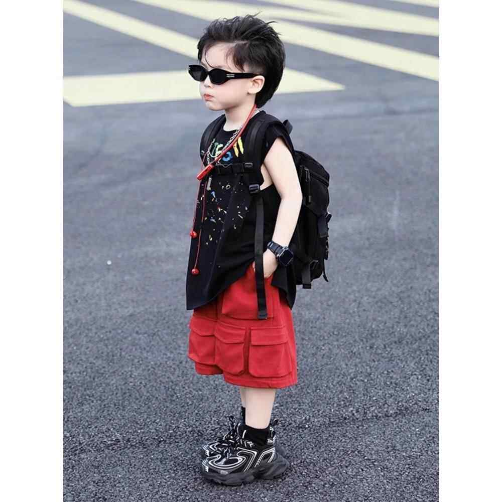 韩国Uamtor夏天男童套装时髦背心安可拉红工装短裤洋气时尚感穿搭