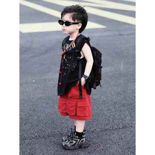 韩国Uamtor夏天男童套装时髦背心安可拉红工装短裤洋气时尚感穿搭
