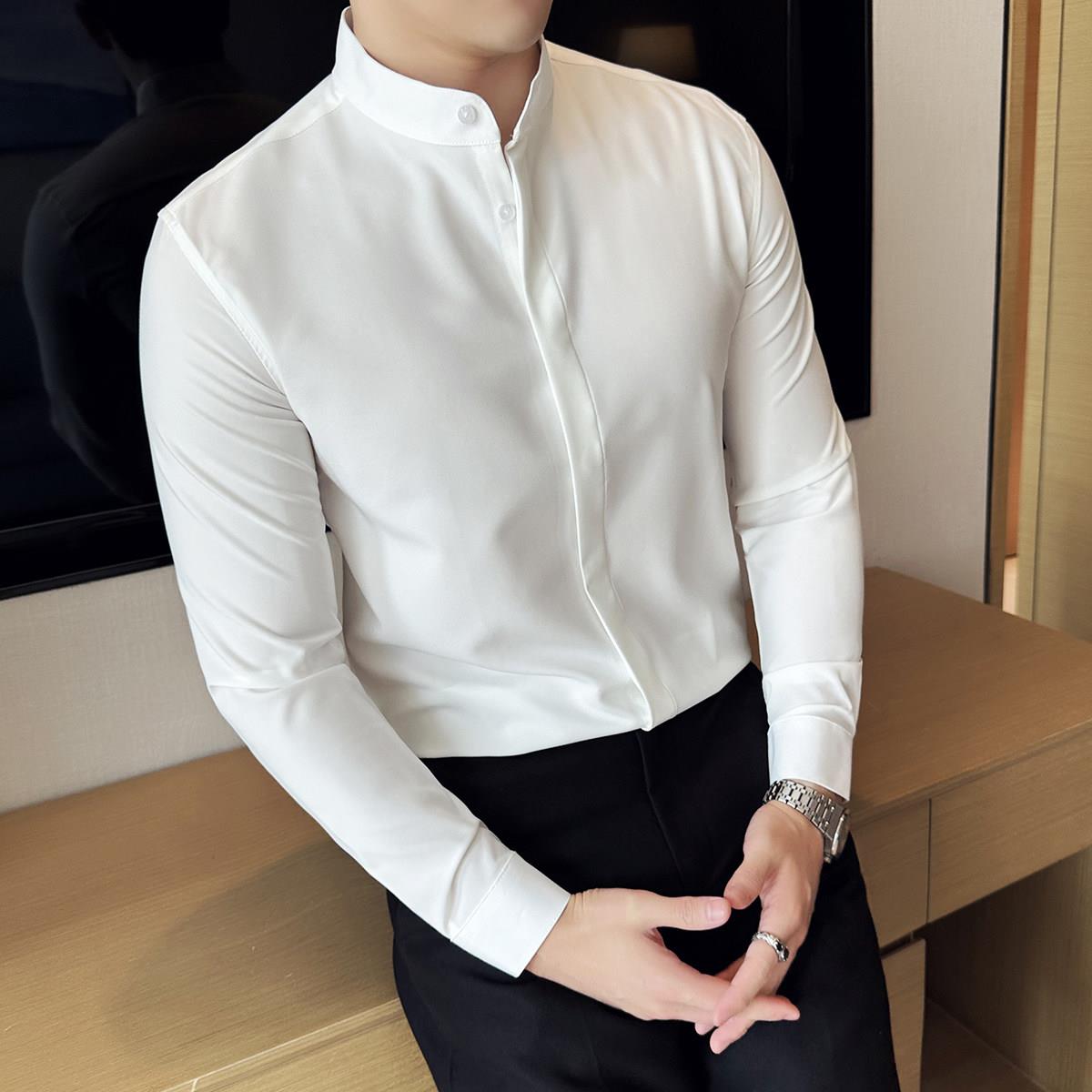 新中式暗扣立领衬衫男长袖休闲 时尚纯色百搭潮流高端商务修身衬