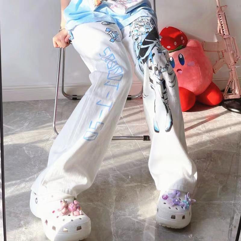裤子女款韩潮ins二次元日系动漫卡通印花白色直筒裤休闲长裤定制