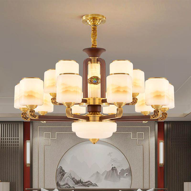 新中式吊灯全铜实木客厅灯复古中国风餐厅卧室复式别墅挑空大吊灯