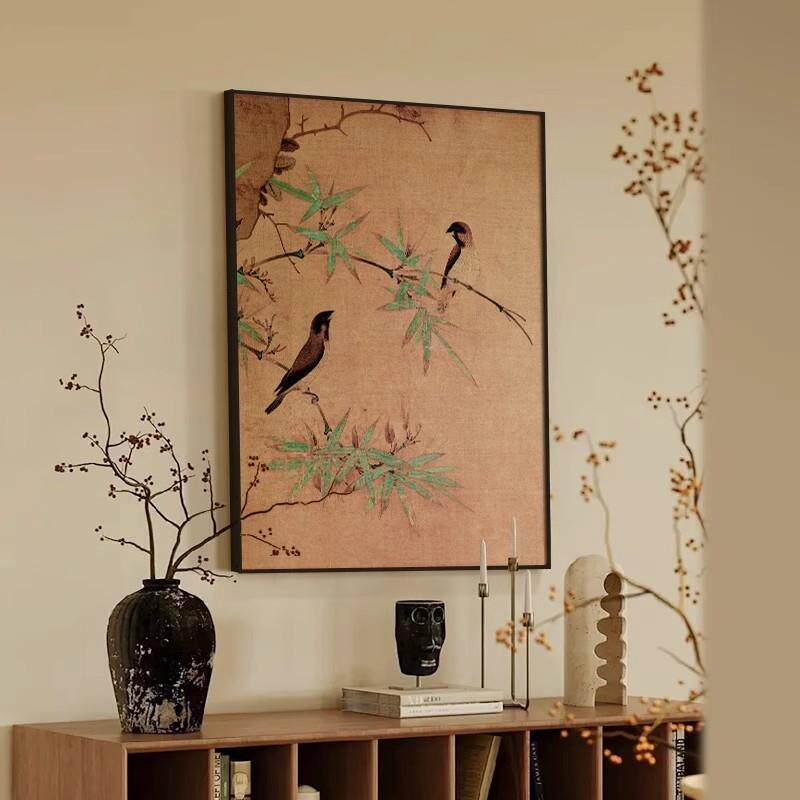 新古典中式玄关装饰画花鸟餐厅边柜墙上壁画侘寂风客厅背景墙挂画