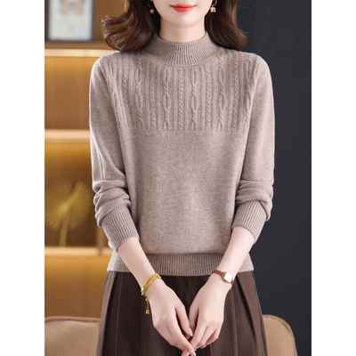 100%纯羊毛加厚螺纹半高领针织衫女秋冬宽松大码上衣保暖毛衣外套