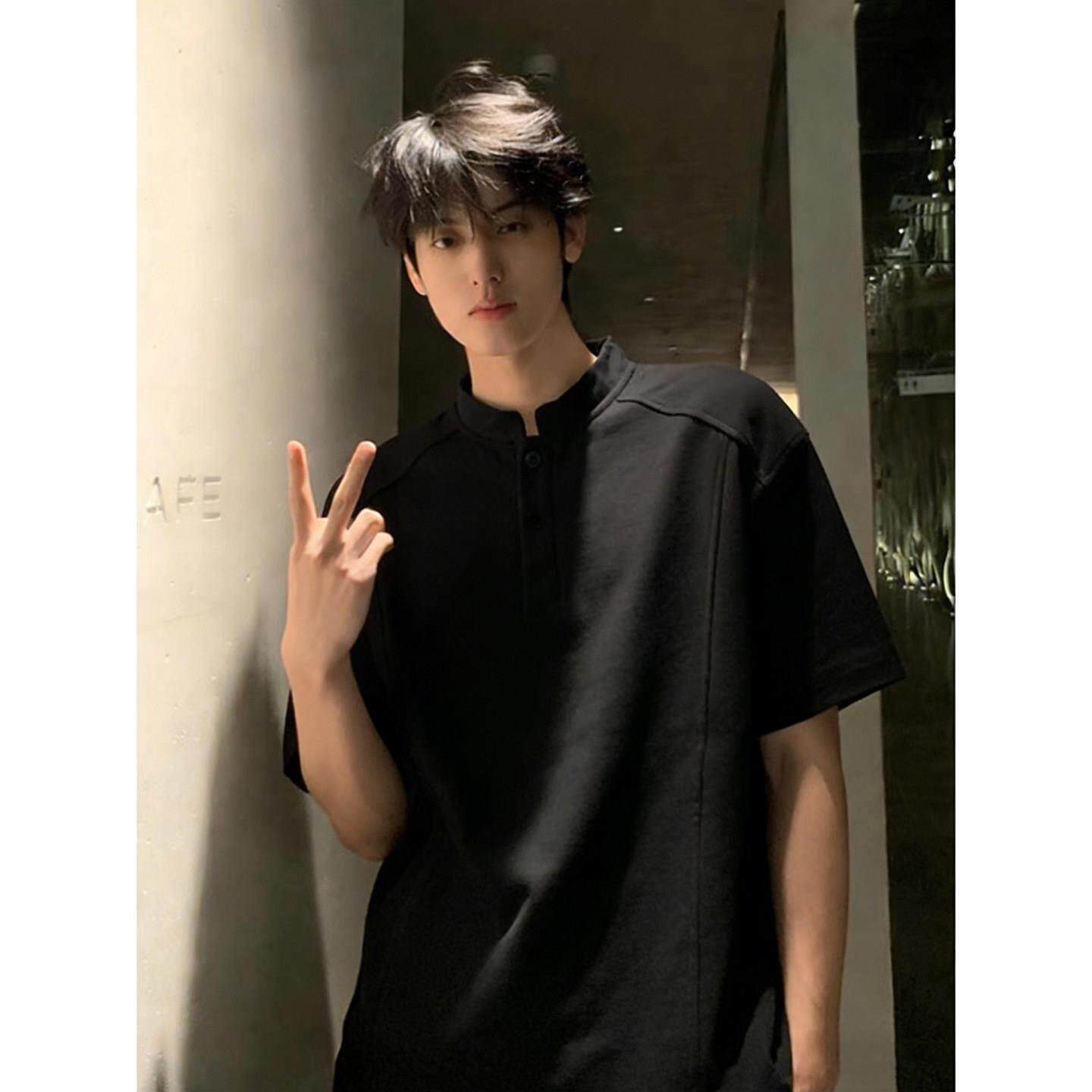 潮男不变形亨利领短袖美式正肩Polo衫男夏季高级感T恤cleanfit重