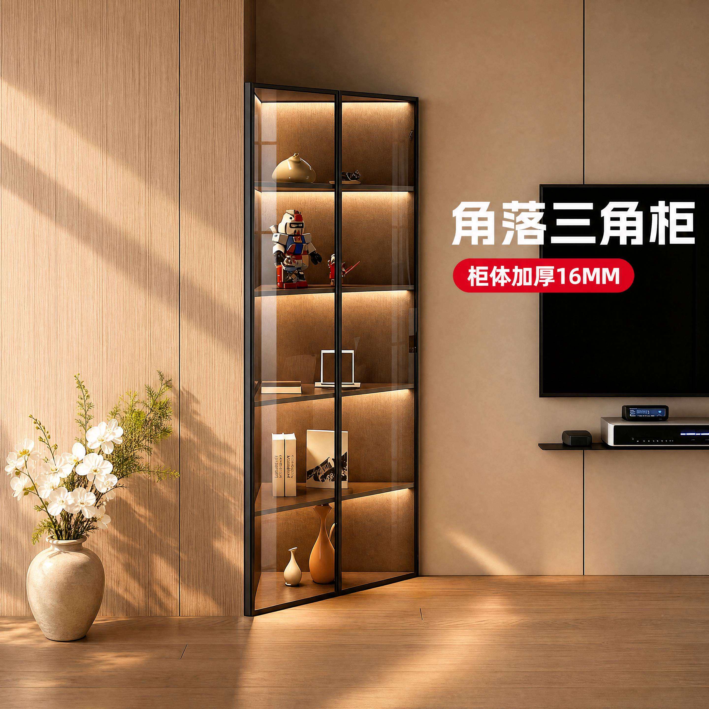 定制实木三角角柜钢化玻璃门展示柜客厅墙角三角柜卧室高级转角柜