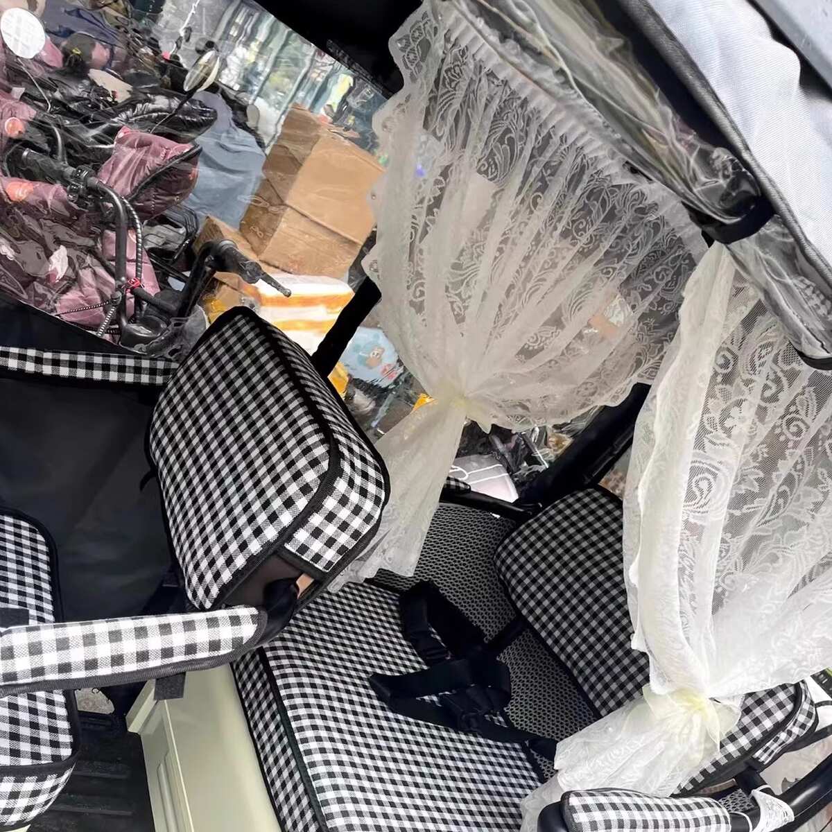 改造款装饰透三轮车后座微贴仙气电动车用品配件遮光纱帘魔术飘飘