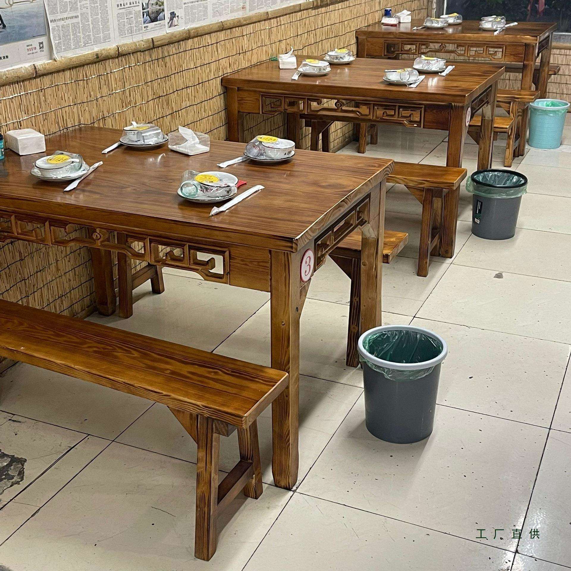 碳化实木饭店餐桌椅组合快餐店小吃餐厅餐馆烧烤面馆排档食堂桌椅
