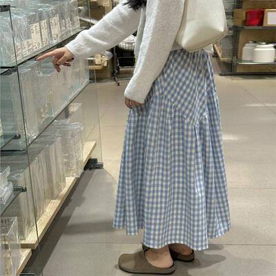 Casual Loose-Fitting Plaid Patchwork Print Skirt - Elastic