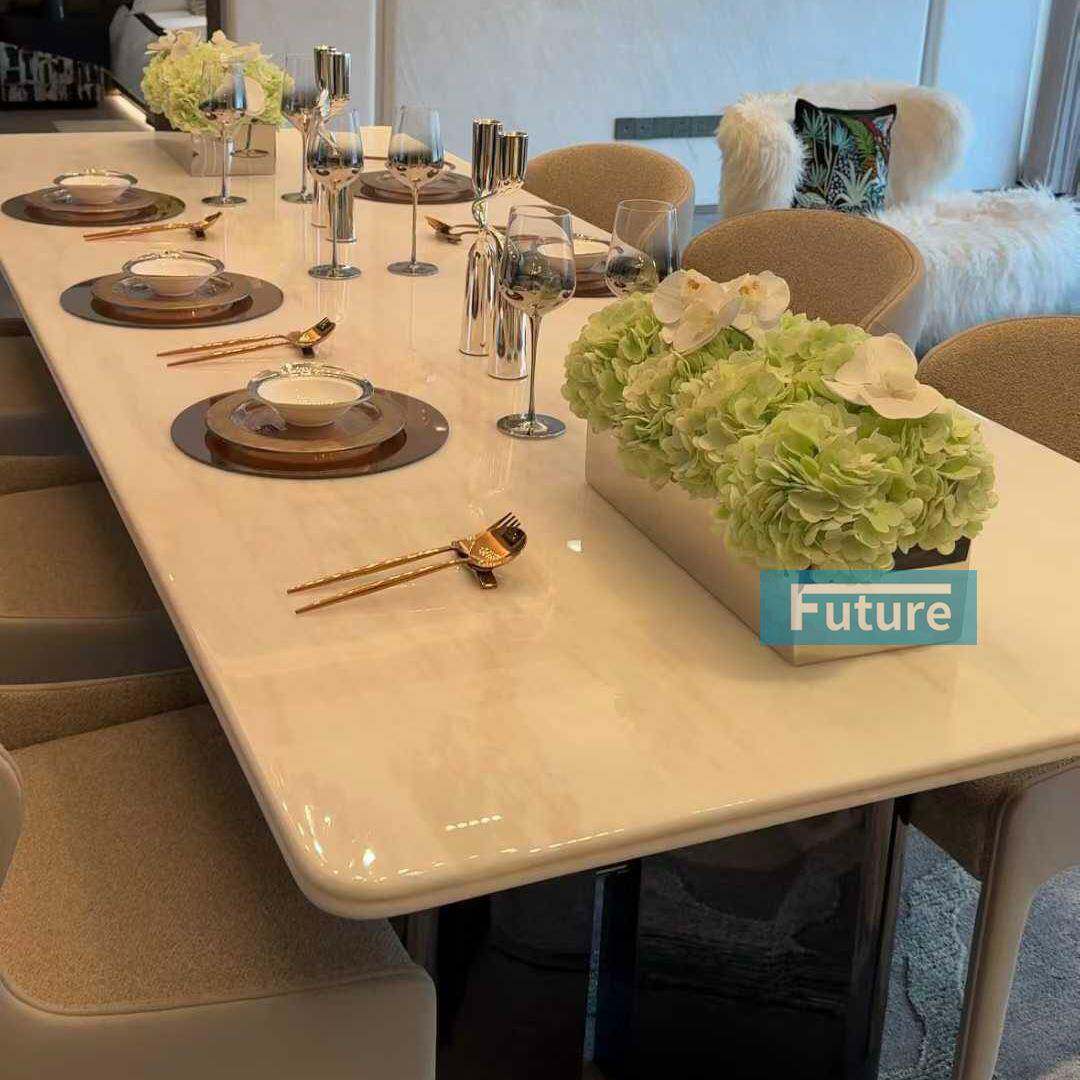 卡里冰玉 天然大理奢石长圆形转盘餐桌 冰河世纪楼梯背景墙面地板