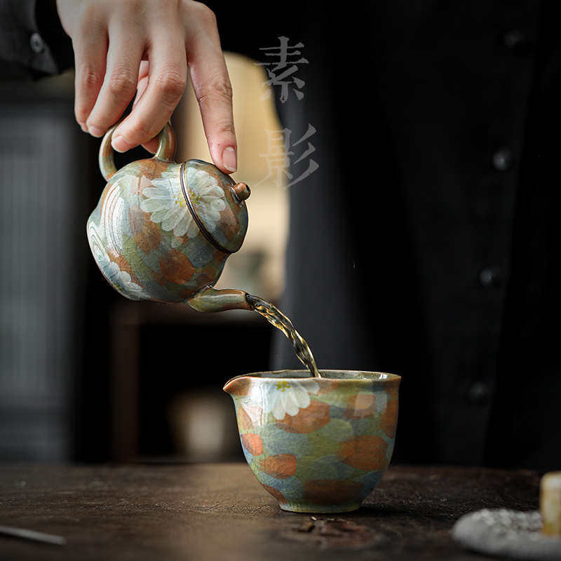 雏菊汝窑茶壶单壶手绘泡茶壶复古高档中式汝瓷茶具冰裂釉开片可养