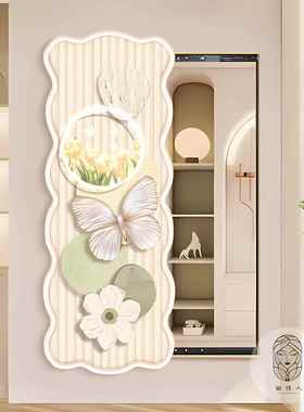 奶油玄关装饰画隐藏式全身风镜挂画法形FXC蝴蝶异推拉穿衣镜式墙
