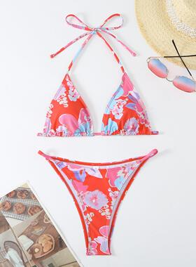 Women's split printed lace up backless triangle bikini