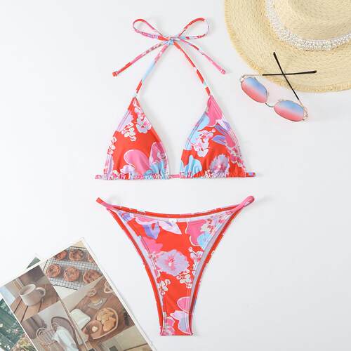 Women's split printed lace up backless triangle bikini