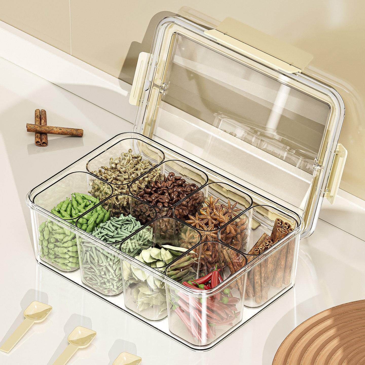 香料收纳盒手提式分格大容量厨房家用密封防潮八角桂皮大料干料盒