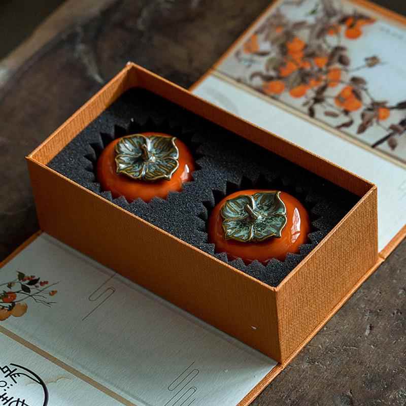 好柿成双叶意罐茶礼盒包装陶瓷创婚庆X-HSCS红色柿子喜糖罐品定礼