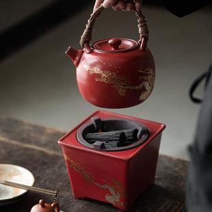 弥言山楂红烫金煮茶壶套装 藤编茶壶 日式 碳炉家用大号煮茶煮水套装