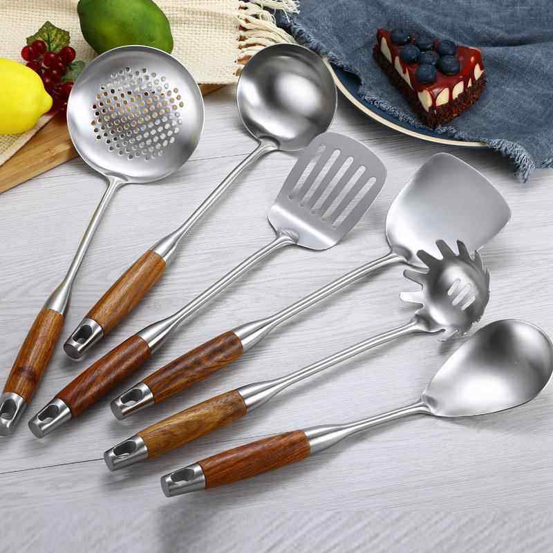 厨房用具304不锈钢花梨木锅铲 加厚家用烹饪汤勺漏勺煎铲炒菜铲子