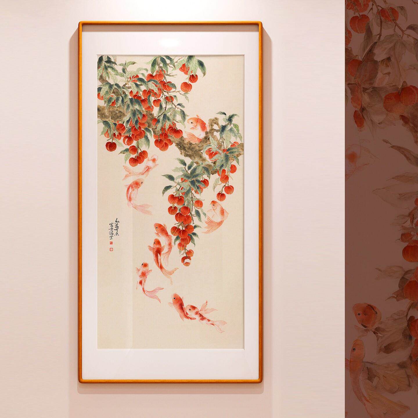 新中式锦鲤柿子装饰画书房挂画有框原作版画好运寓意