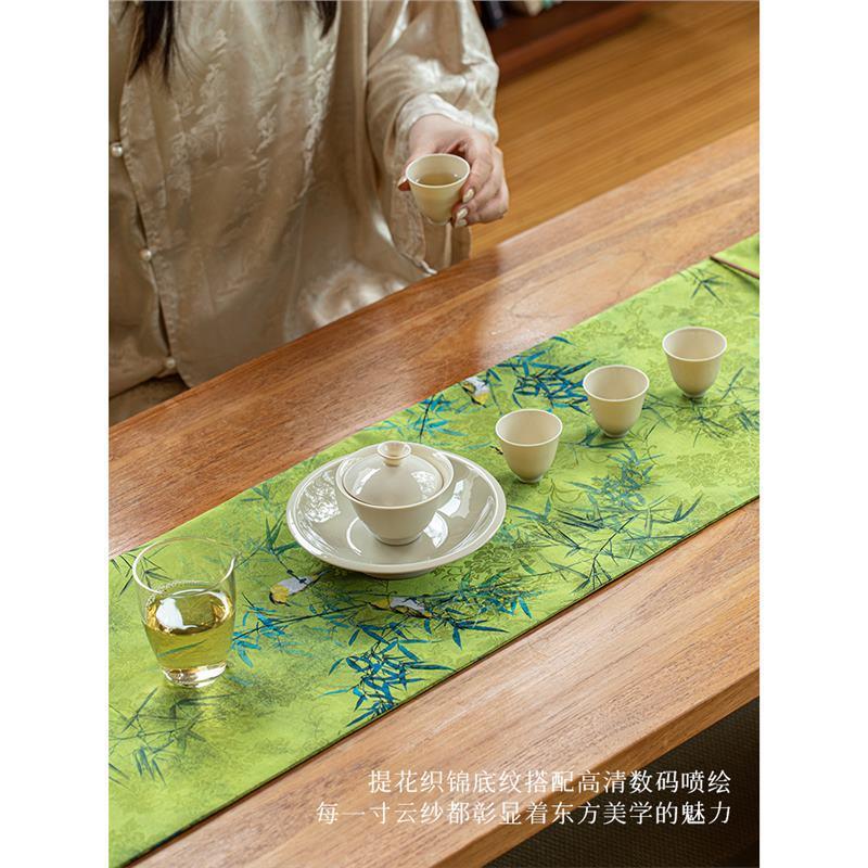 新中式禅意茶席桌旗绿色竹子茶桌垫布干泡台防水茶垫长条茶台茶旗