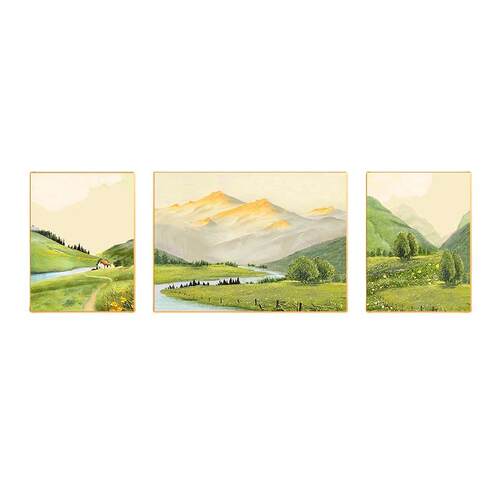 绿色山峦风景油画北欧客厅装饰画沙发背景墙挂画现代简约三联壁画