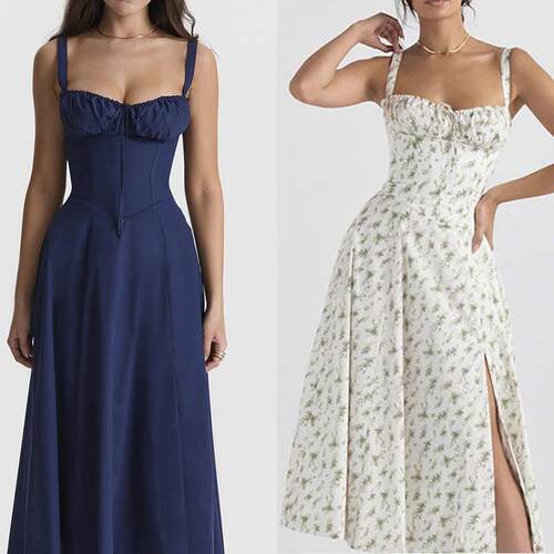 Hot low cut chest back strap waist cinching mid length