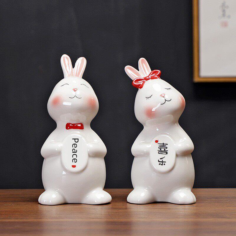 陶瓷可爱幸福熊兔子摆件创意平安喜乐吉祥物茶台桌面博古架装饰品