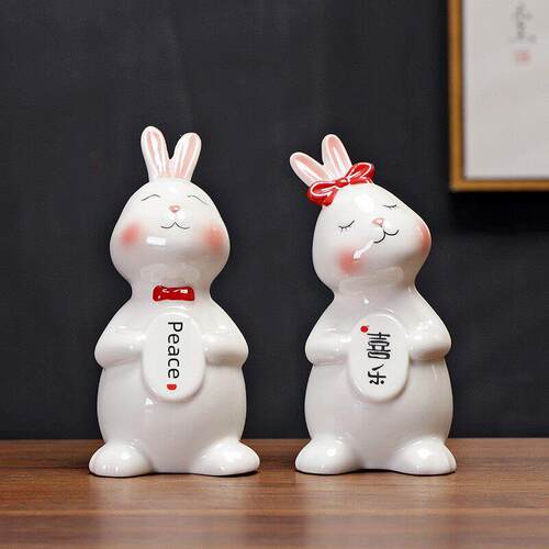 陶瓷可爱幸福熊兔子摆件创意平安喜乐吉祥物茶台桌面博古架装饰品