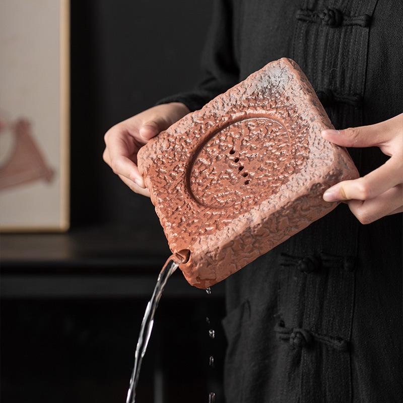 复古侘寂风原矿老岩泥雕刻壶承干泡台粗陶小茶盘茶托壶垫茶具配件