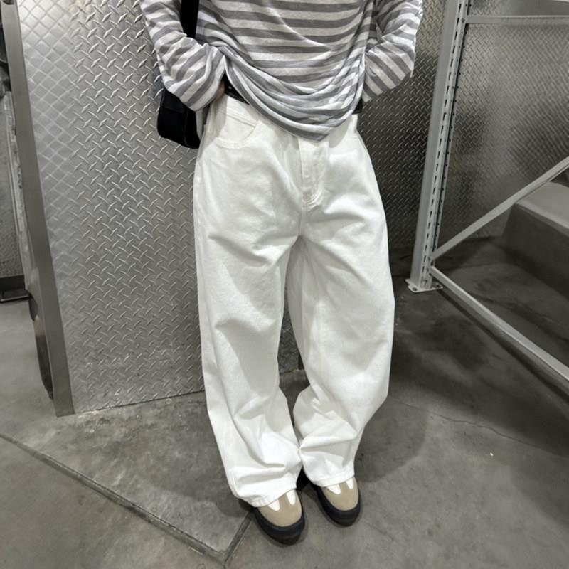 飞型记秋季白色阔腿长裤休闲垂感clenfit直筒全棉纯色牛仔裤男
