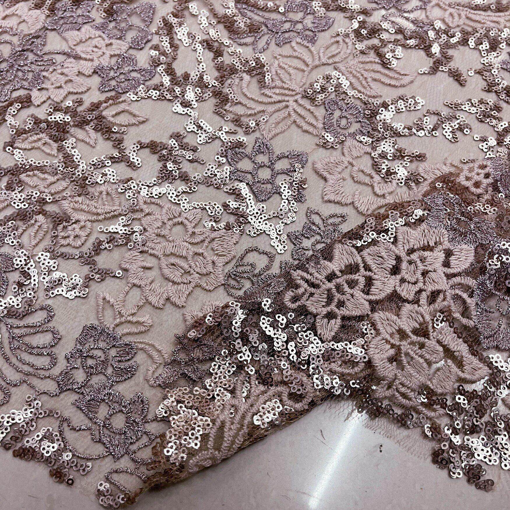 进口香槟亮片绣花花蕾丝网微弹性时尚面料裙裙婚纱面料